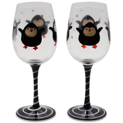 Pair of Holiday Winter-Themed Wine Glasses - Penguins on Ice