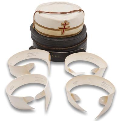 Lot of 4 Antique Starched Collars, a 33rd Scottish Rite Degree Hat & A Case