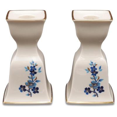 Set Of Two Lenox Pagoda Gilded Porcelain Candle Holders w/Blue Floral Motif
