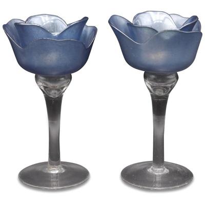 Pair of Blue Frosted Glass Rose Votive Candle Holders