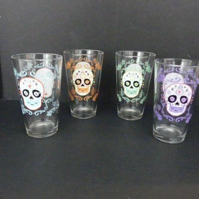 Vintage Set of 4 Dia de los Muertos Sugar Skull 16-Ounce Tumblers