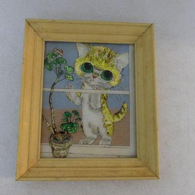 Framed Foil Art Rendition of "Big Eyes Kitty Kitty" by Gig Created by Olga Plock - 10¼" x 12¼"
