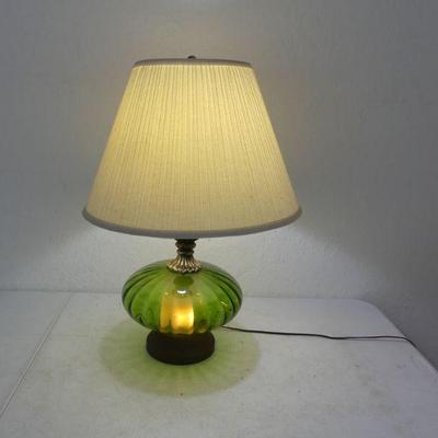 Vintage MCM Table Lamp with Lit Green Pumpkin Glass Center - 26" Tall