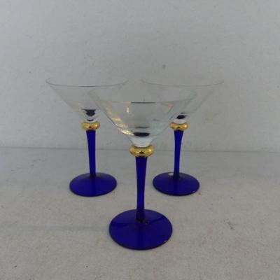 Vintage 1980s Crystal Clear Industries Romania Hand Crafted Crystal Set of 3 Cobalt Stem Martini Glasses