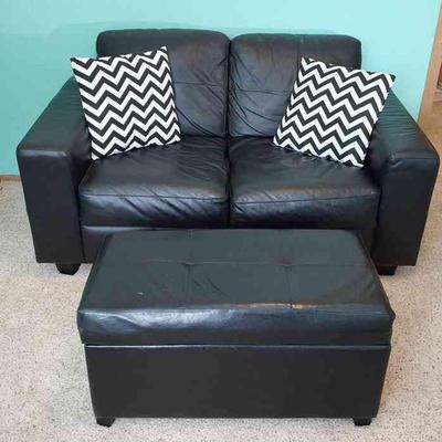 Black Leather IKEA Loveseat With Throw Pillows & Black Faux Leather Storage Ottoman
