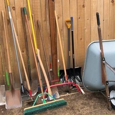 18 Lawn & Landscape Tools with Wheelbarrow * Axe, Hatchet, Shovels, Hoes, Rakes, Edgers
