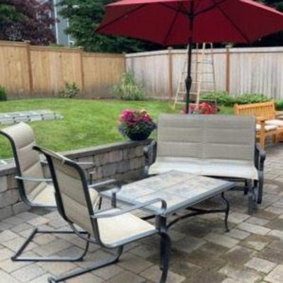 Hampton Bay Patio Set with Umbrella & Stand * Glider Bench, Table, 2 Chairs
