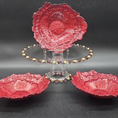 3- Red Leaf Bowls + Red & Yellow Beaded Cake Stand