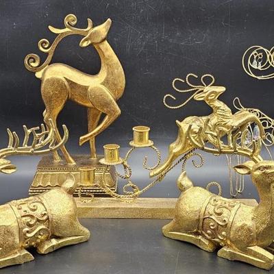 Gold Tone Christmas Decor: Reindeer & Candelabras