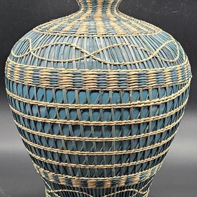 Wicker Wrapped Turquoise Vase
