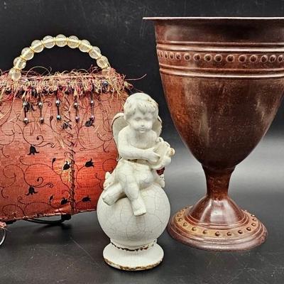 Metal Vase, Ceramic Angel & Purse Lamp