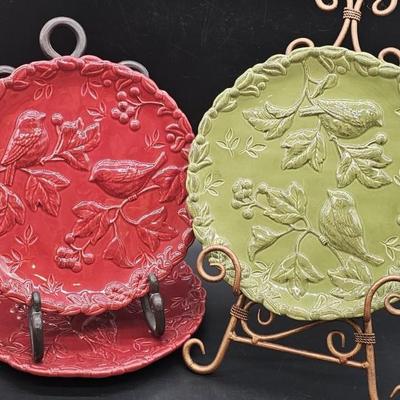 (3) Embossed Bird & Leaf 10" Plates- 2 Red 1 Green