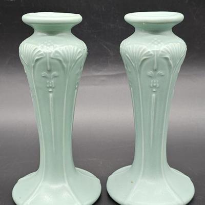 Pair Light Aqua Ceramic 7in Candlesticks