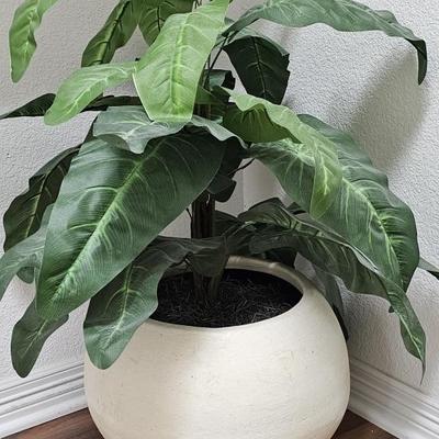 Faux Plant in Large White Round Bowl Planter