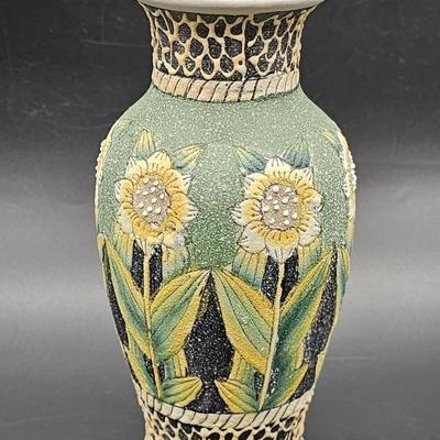 Ceramic Vase, Green & Black w/ Yellow Sunflowers