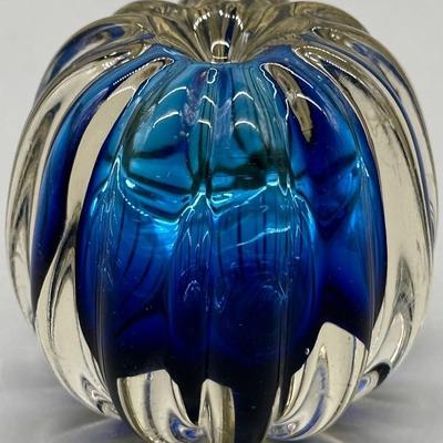 Art Glass Blue Flower Encased in Clear Paperweight
