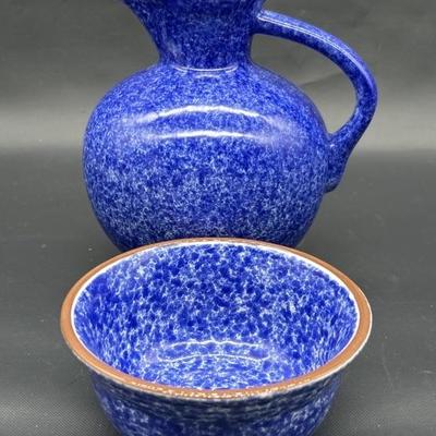 Blue Speckled Glazed Terra Cotta Pottery Pitcher & Bowl