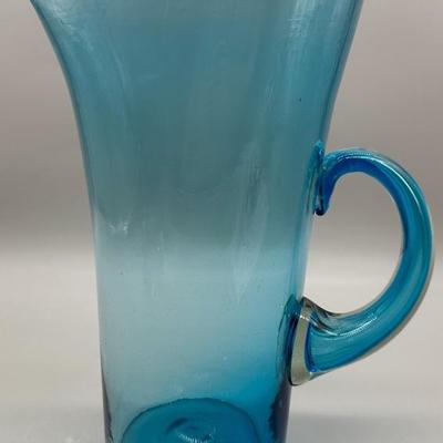Hand Blown Aqua Art Glass Pitcher 
