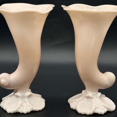 Pair of Vintage Pink Milk Glass Cornucopia Vases