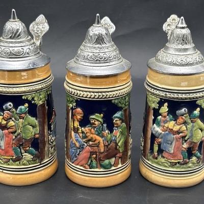 (3) German Folk Life Steins w/ Pewter Lids