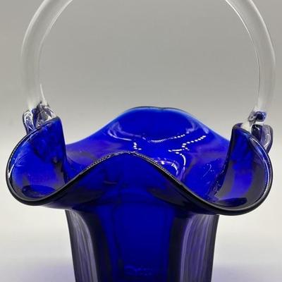Cobalt Blue Artglass Basket w/ Applied Clear Handle