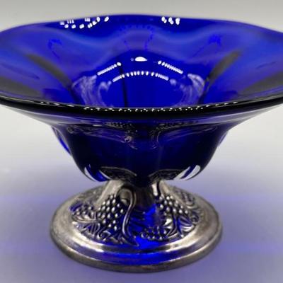 Cobalt Blue Glass Bowl on Silver Tone Foot