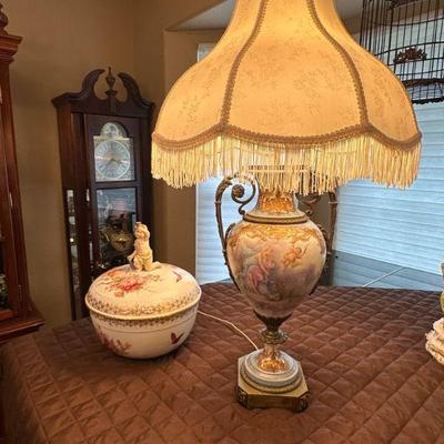 French Sevres Hand Painted Lamp & KPM Hand Painted Centerpiece