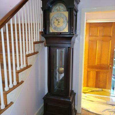 ANTIQUE EUROPEAN GRANDFATHER CLOCK BRASS ENGRAVED FACE PAINTED FACE