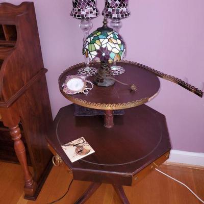 TWO TIER VINTAGE TABLE, BRASS SURROUND