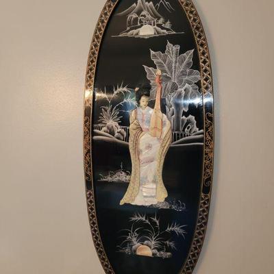 VINTAGE ASIAN BLACK LACQUER INLAID WALL PLAQUE JAPAN