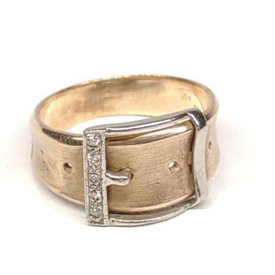 14K Gold & Diamond Belt Buckle Ring (sz 6.5)