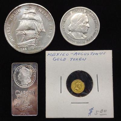 Mexico Gold Coin & 3 US Silver Pieces