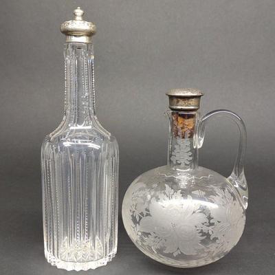 2 Antique Sterling & Crystal Decanter & Cruet