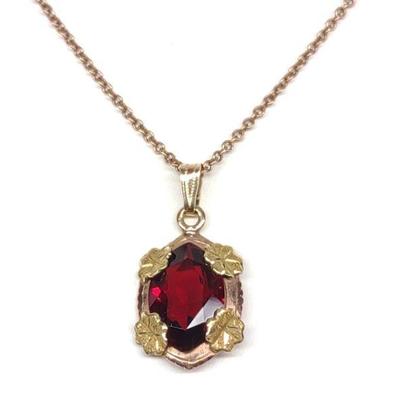 Vintage 10K Gold Red Glass Pendant Necklace