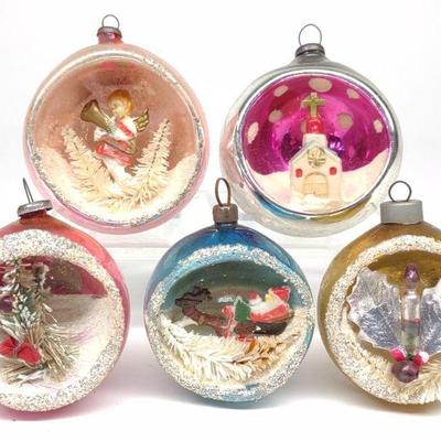 5 Vintage Japan Diorama Glass Christmas Ornaments