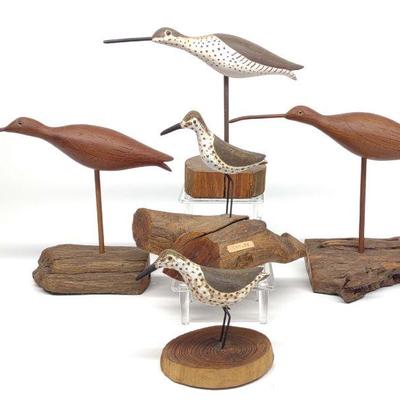 5 Carved Curlew Shore Bird Decoys