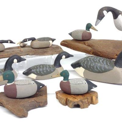 7 Carved Miniature Goose & Duck Decoy Sculptures