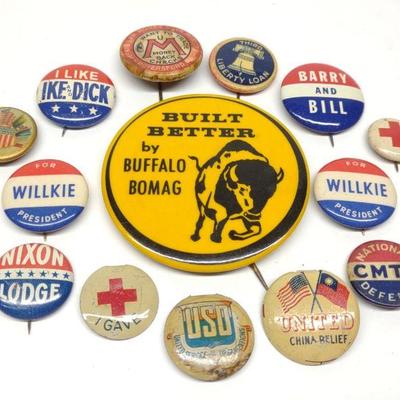 14 Vintage Political & Advertising Button Pins