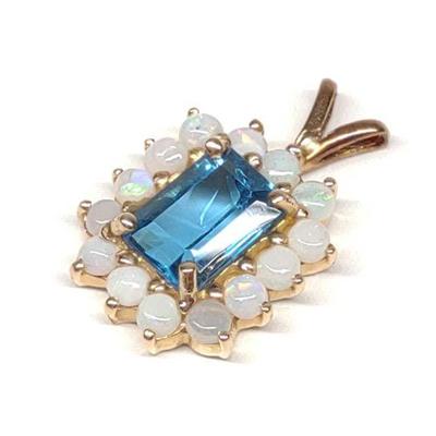 14K Gold Blue Topaz & Opal Necklace Pendant