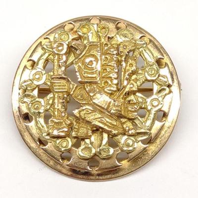 18K Gold Aztec Design Brooch / Pin