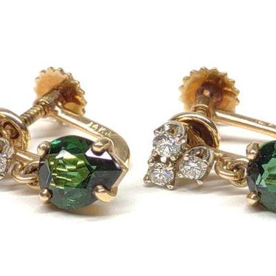 14K Gold Tourmaline & Diamond Clip On Earrings