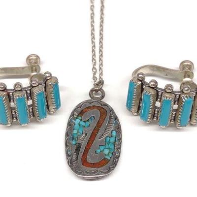 Turquoise & Sterling Clip On Earrings & Necklace