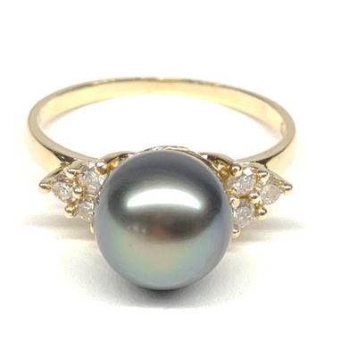 14K Gold Black Pearl & Diamond Ring (sz 6.25)