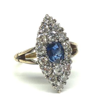 Antique 14K Gold Diamond & Sapphire Navette Ring