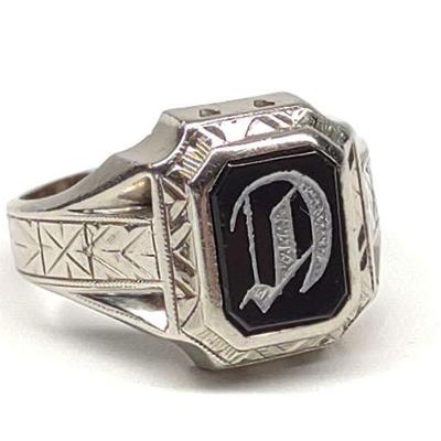 Art Deco 10K Gold & Onyx Signet "D" Ring (sz 8.75)
