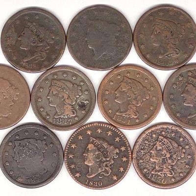 (10) Coronet Head & Braided Hair Large Cent Coins