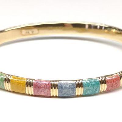 14K Gold & Enamel Hinged Bangle Bracelet
