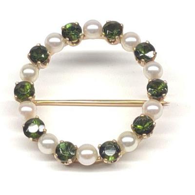 14K Gold Pearl & Tourmaline Circle Brooch / Pin