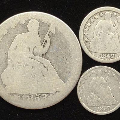 (3) Seated Liberty Half Dollar, Dime, Half Dime