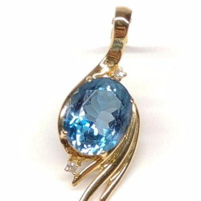 14K Gold Blue Topaz Necklace Pendant